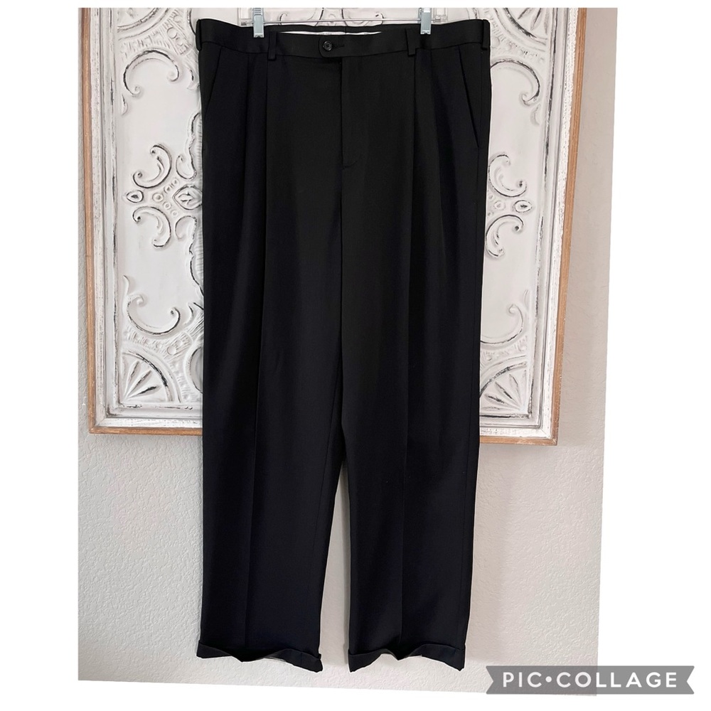 PERRY ELLIS PORTFOLIO CLASSIC FIT PLEATED CUFFED BLACK DRESS PANTS - Picture 1 of 3